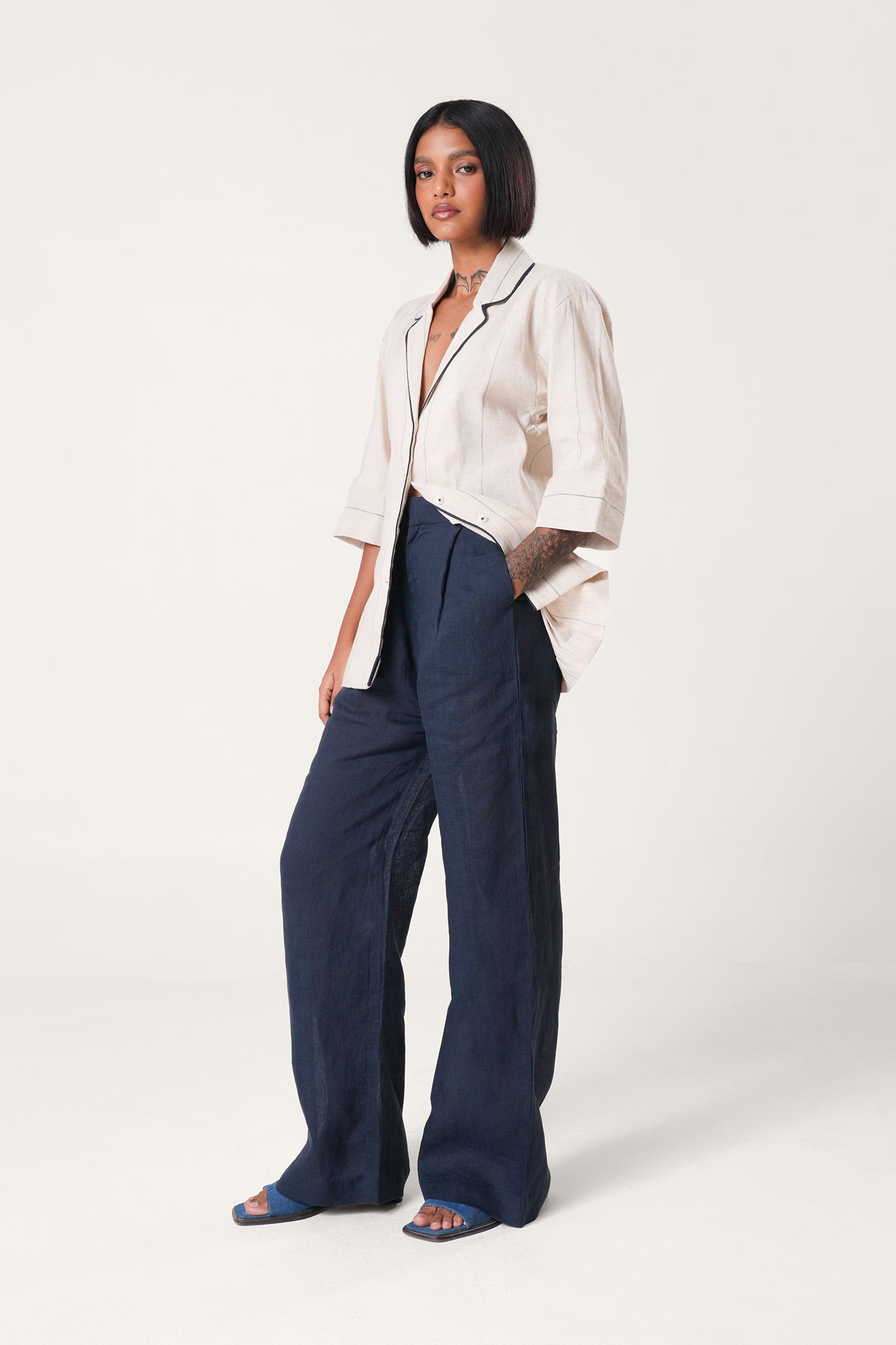 Linen Straight Pants | Navy Blue