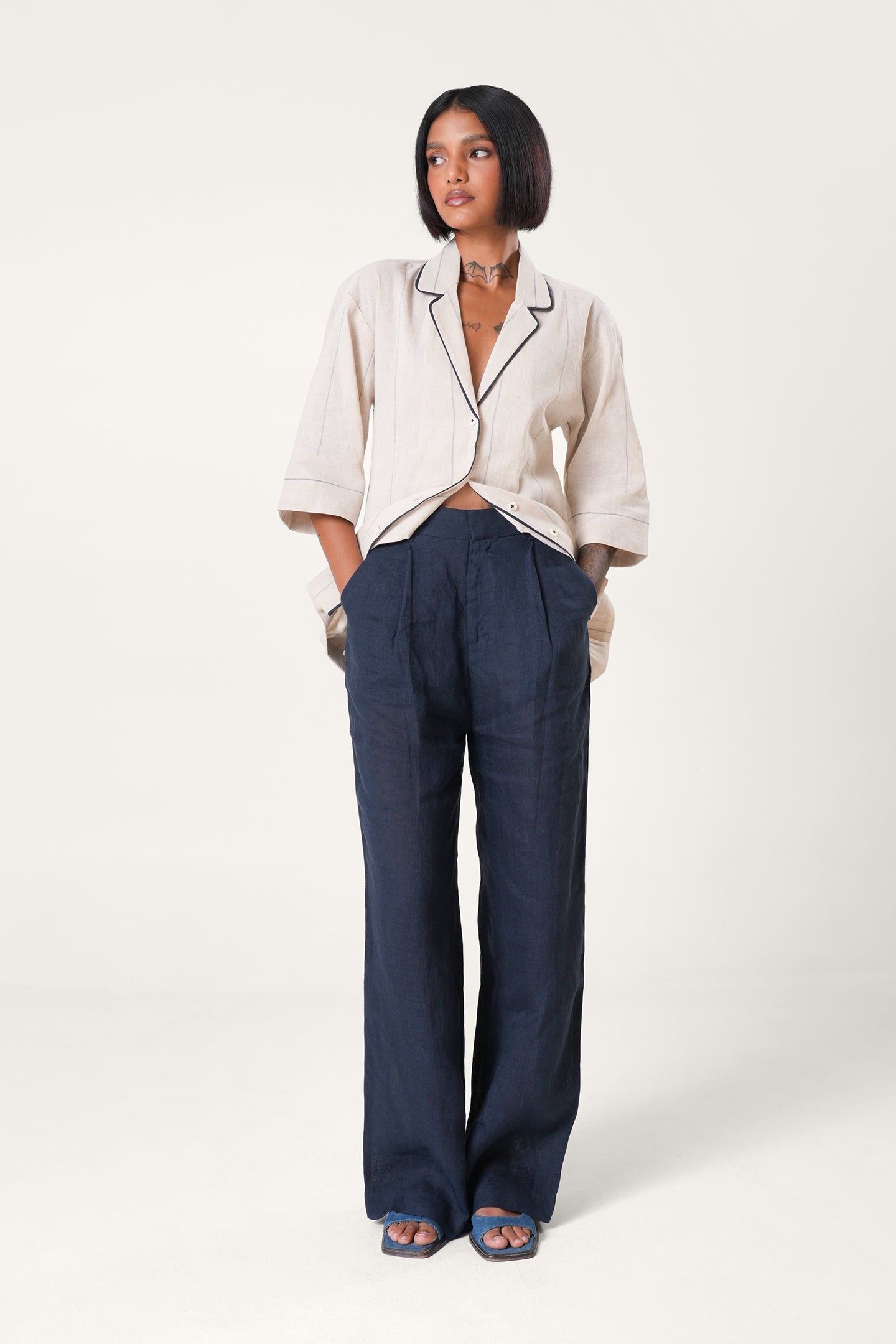 Linen Straight Pants | Navy Blue