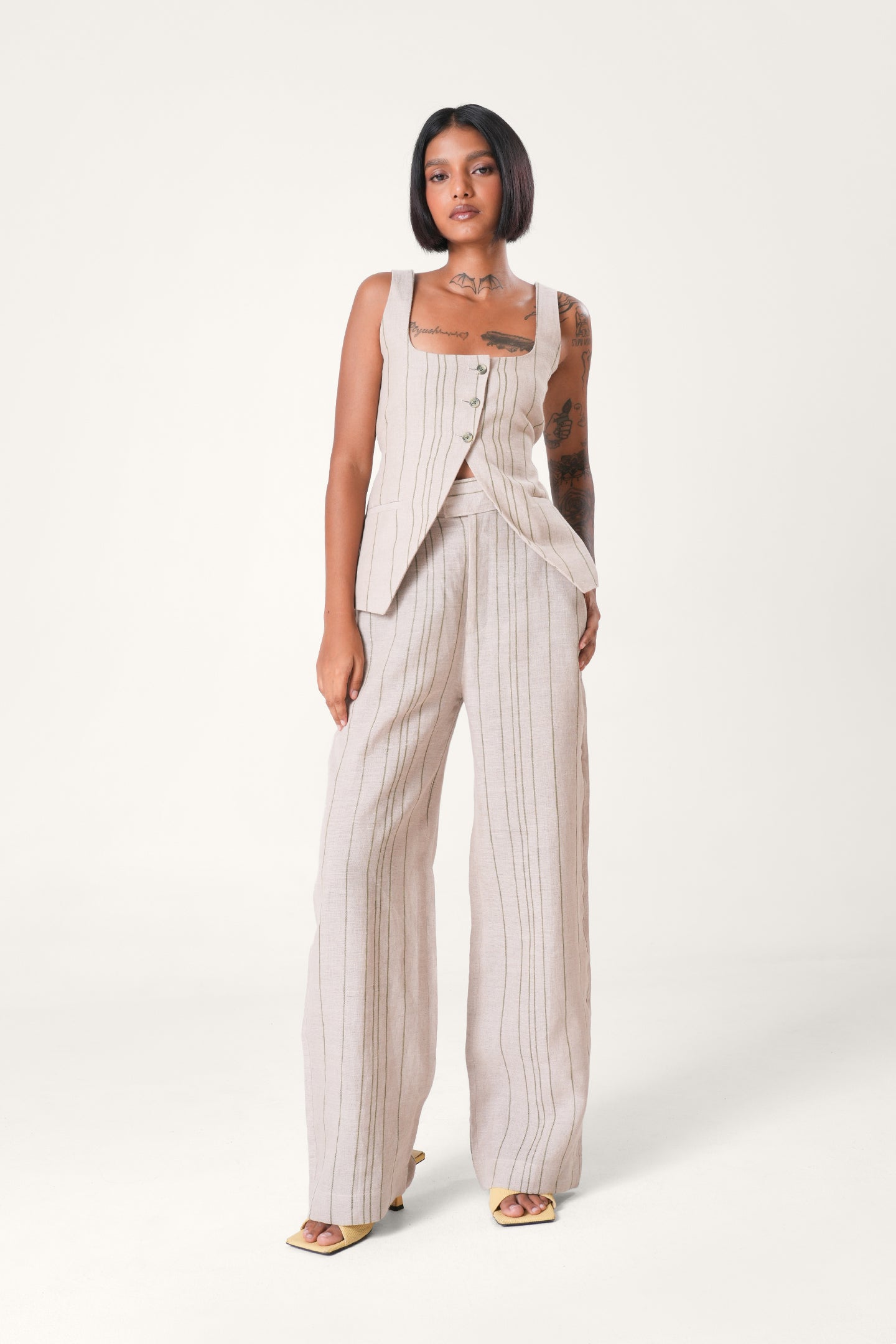 Striped Linen Straight Pants | Beige