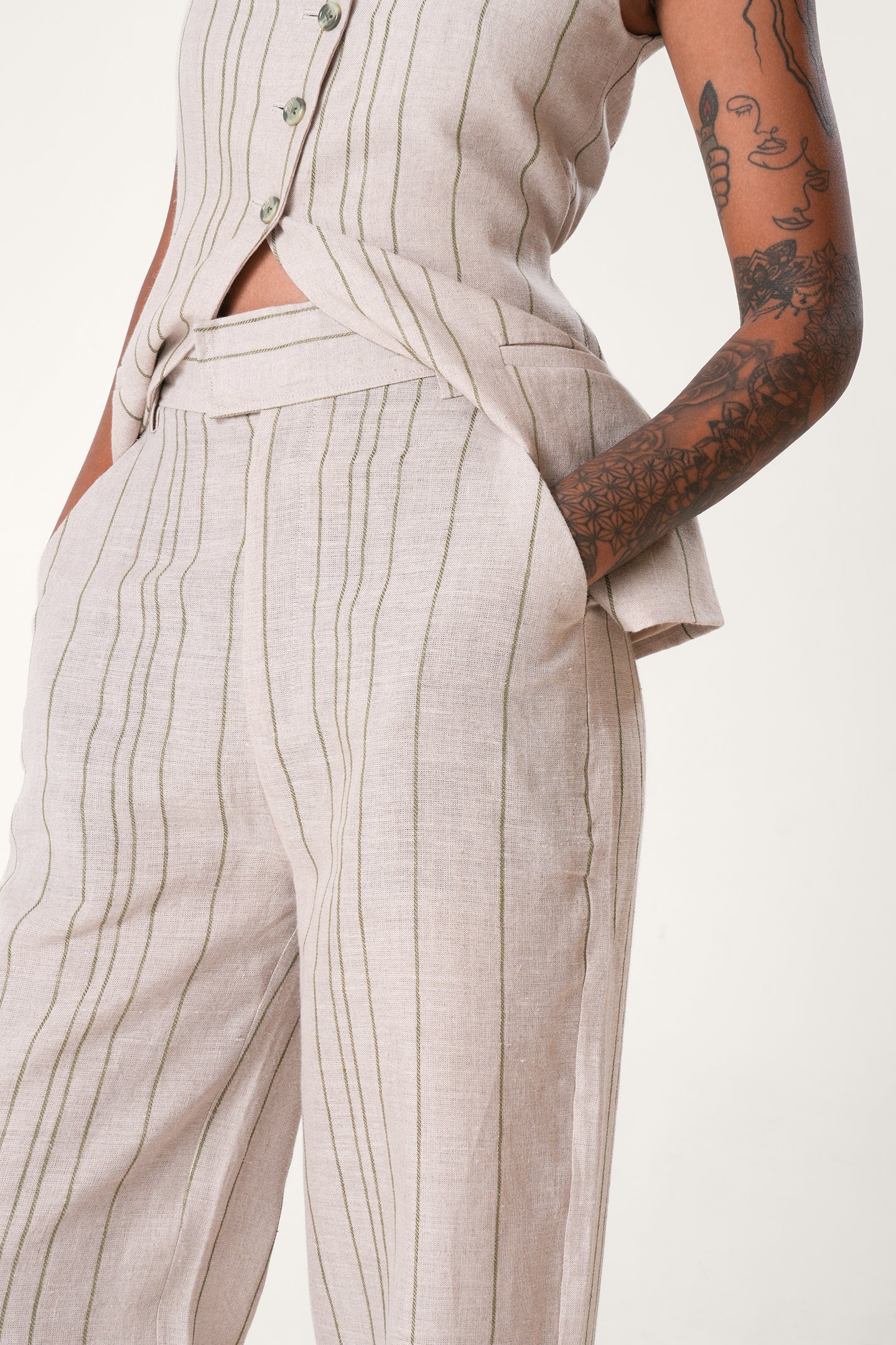 Striped Linen Straight Pants | Beige