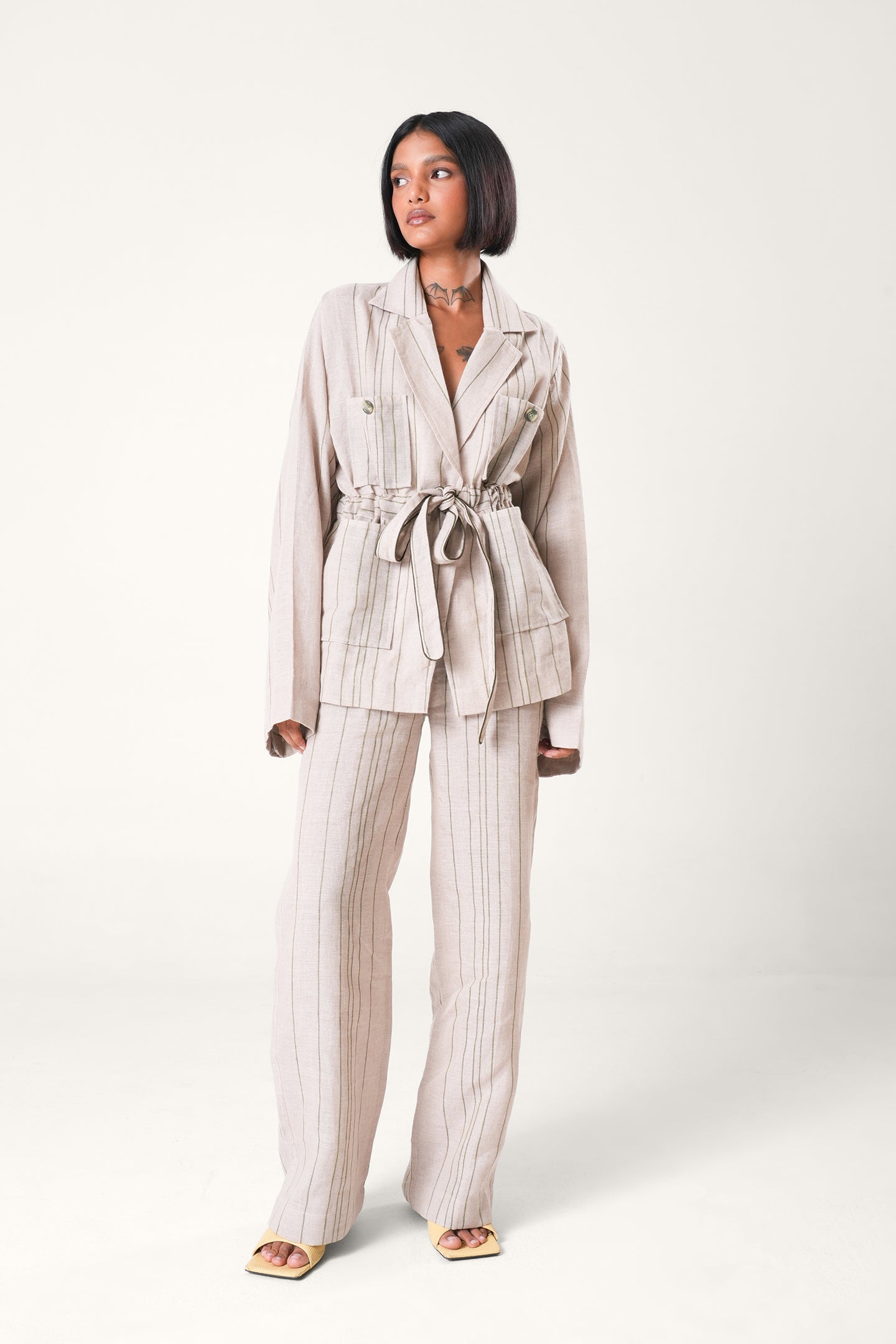 Linen Striped Cinched Jacket | Beige