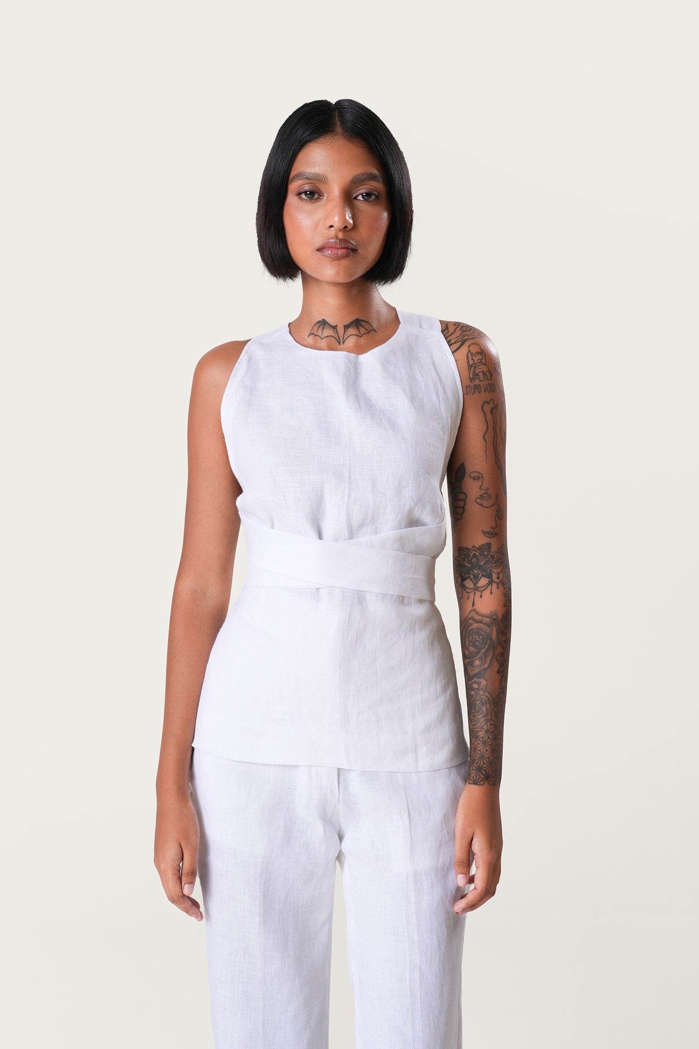 Linen Criss Cross tie Top | White