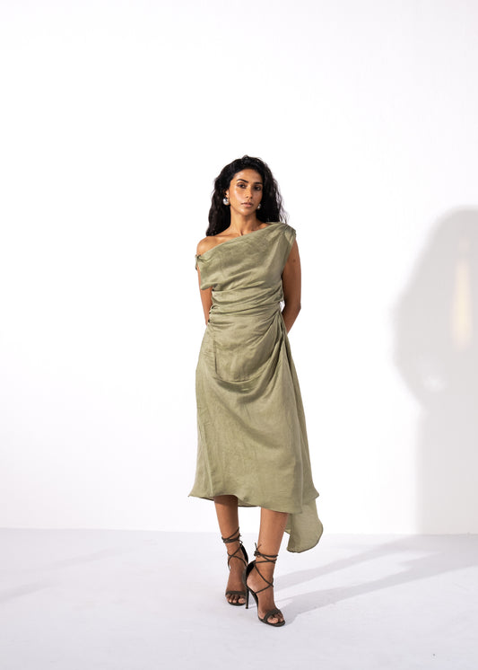 Linen satin blend asymmetrical pleated dress