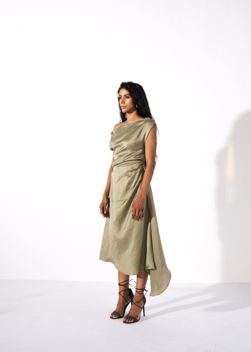 Linen satin blend asymmetrical pleated dress