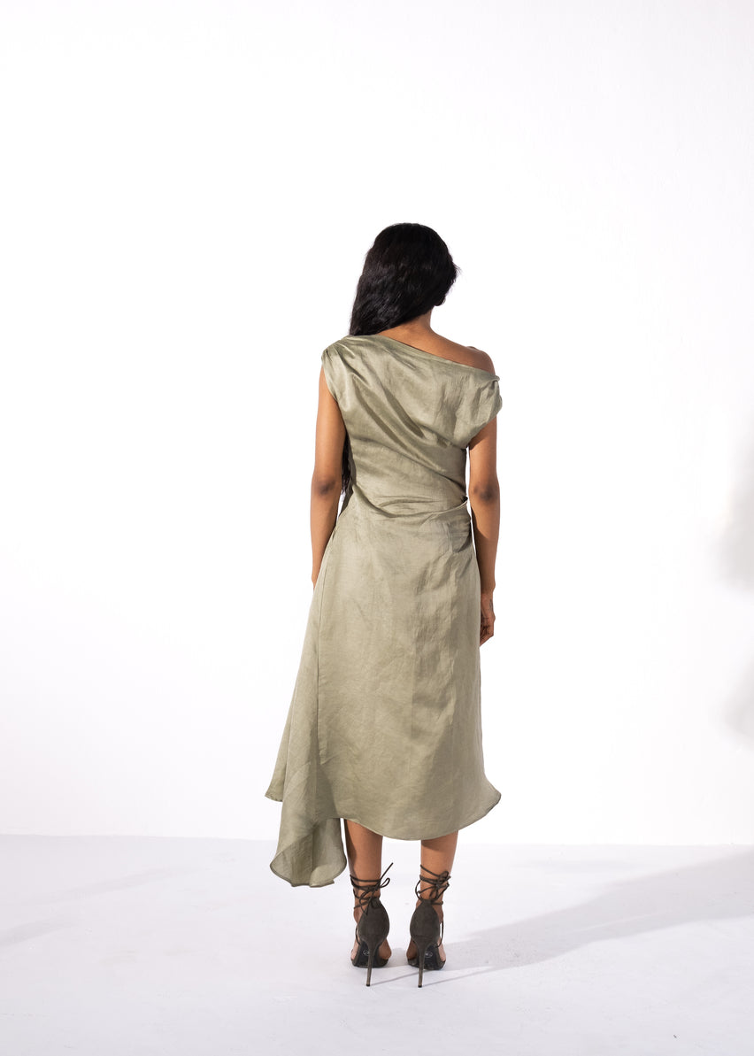 Linen satin blend asymmetrical pleated dress