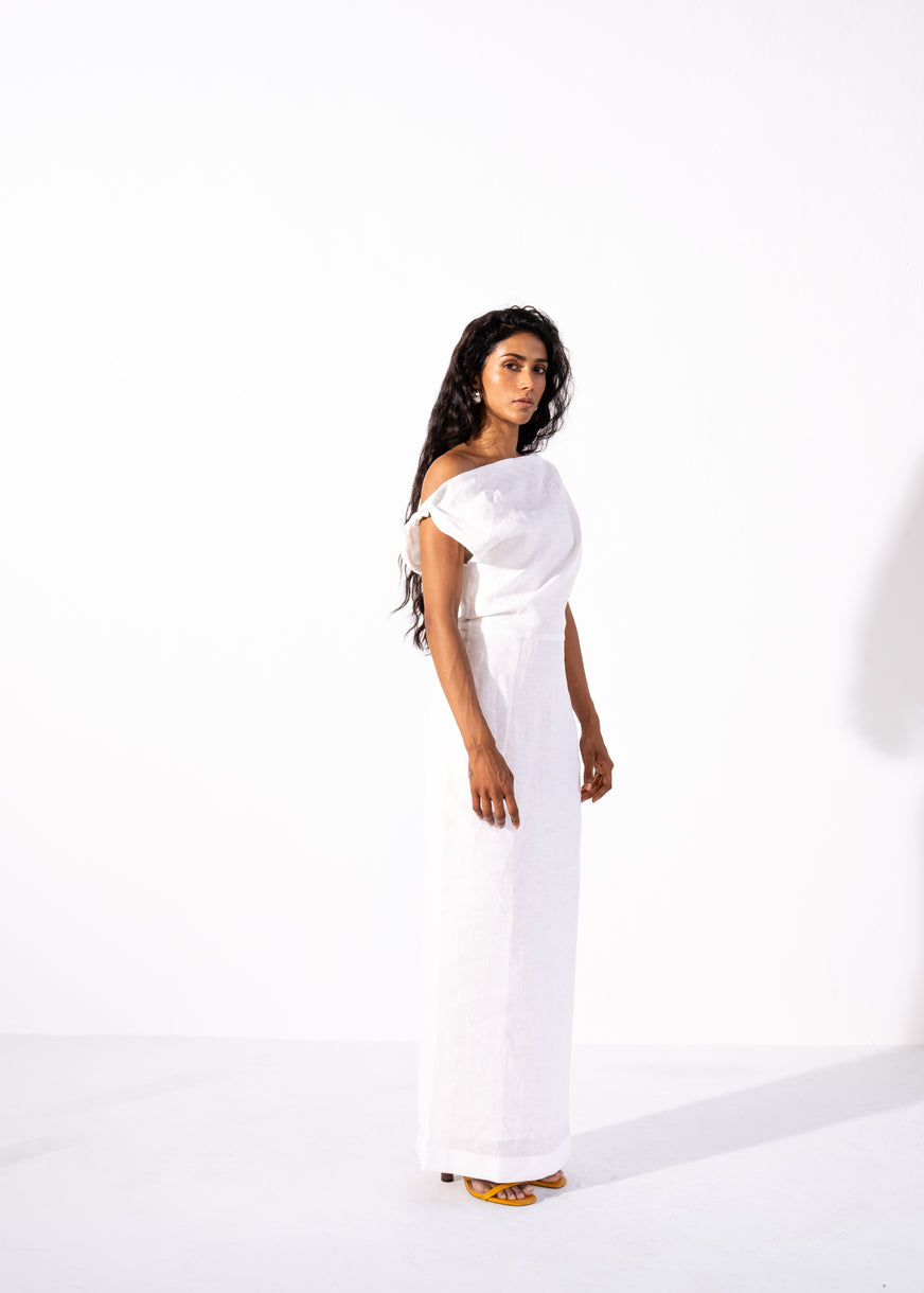 100% linen asymmetrical straight dress | White