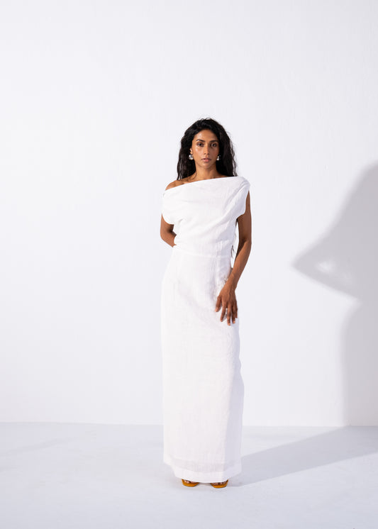 100% linen asymmetrical straight dress | White