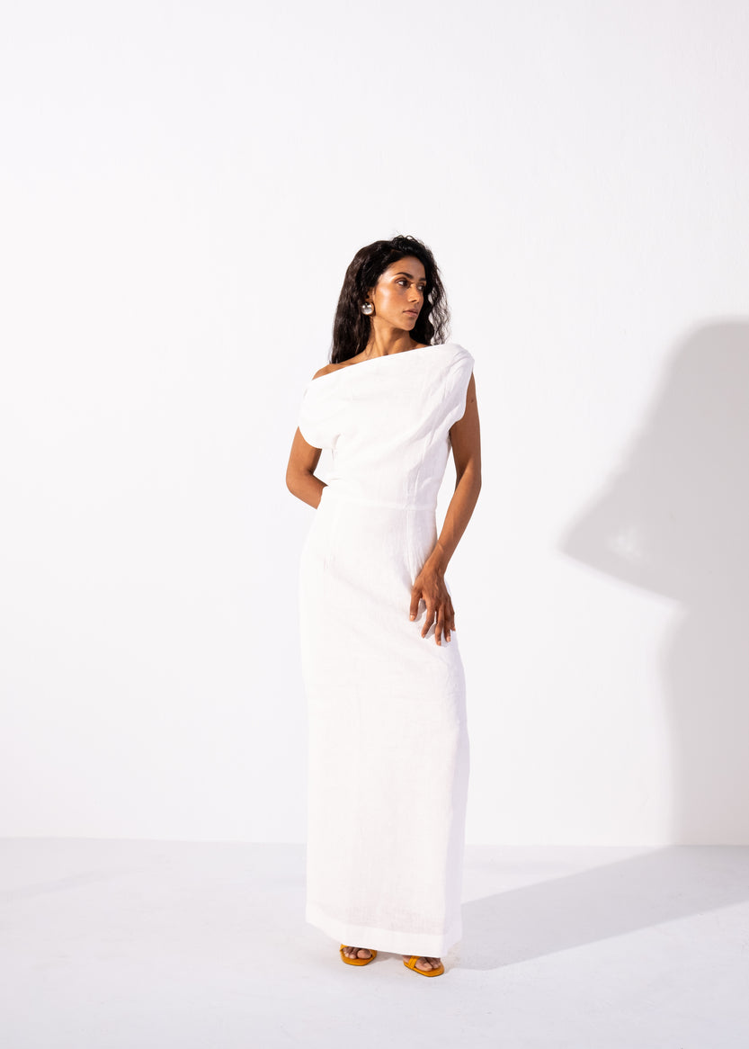 100% linen asymmetrical straight dress | White