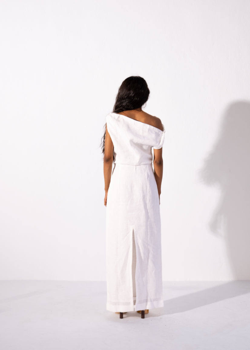 100% linen asymmetrical straight dress | White